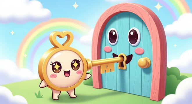 Adorable cartoon key character unlocks a whimsical door set against a bright, cheerful outdoor scene