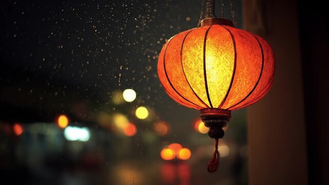 Red lantern glows softly in rain at night, blurred urban lights twinkling nearby. soft night hums.!!