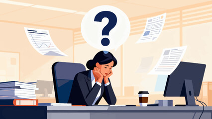 This illustration depicts a stressed business professional at an office desk, with a glowing question mark above, symbolizing workplace confusion, workload pressure, and anxiety.