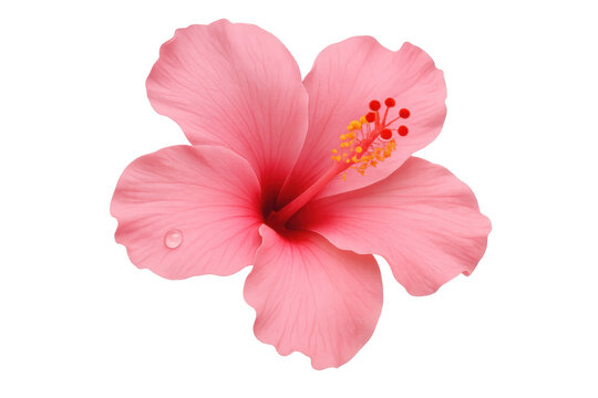 Beautiful pink hibiscus flower blooming, showing stamen and a dewdrop on a petal. Transparent background