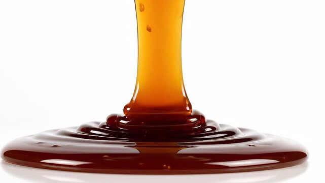 Syrup dripping from a spoon into a puddle of liquid on a table surrounded by an arrangement of honey dripping from a spoon, a glass vase with liquid pouring out, a glass of beer.