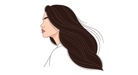 Ethereal illustration of a serene woman with flowing brunette hair against a crisp white backdrop