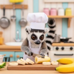 Obraz premium Ringtailed lemur dressed as a chef meticulously slices a banana in a brightly lit kitchen setting