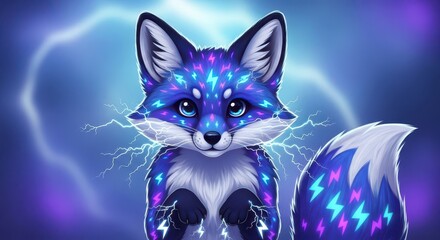 Naklejka premium Adorable young canid displays glowing electrical energy patterns against a stormy blue backdrop