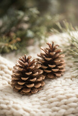 Cozy winter still life featuring pine cones resting on a soft knitted wool fabric, surrounded by evergreen pine branches