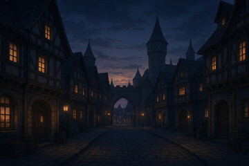 中世ヨーロッパ風の夜の町