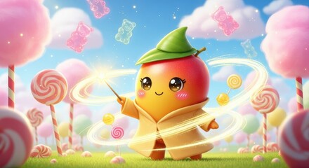 Fototapeta premium Cute fruit character performs magic in a bright candy landscape