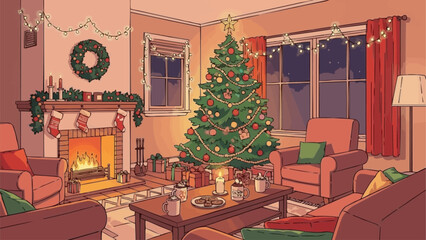 Cozy Christmas Living Room Scene with Decorated Tree and Fireplace.