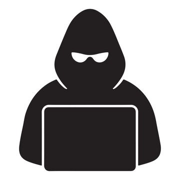  Anonymous hacker in a hood with a laptop in a stark black and white silhouette