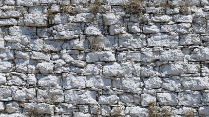 Obraz premium Rough white stone wall construction shows uneven textured blocks under bright daylight