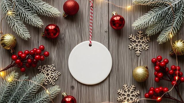 Red Christmas ornaments, pine branches and warm lights arranged on rustic wooden background - Powered by Adobe