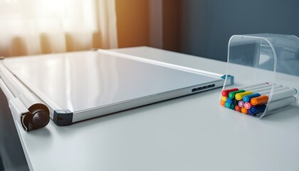 Modern office desk with laptop drawing roll and colorful markers.