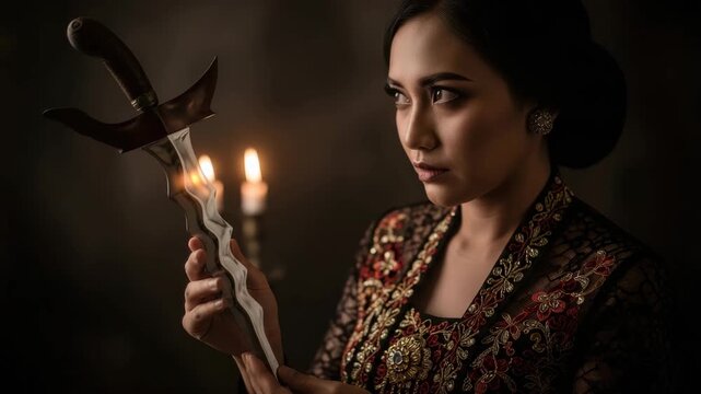 A woman examines a curved dagger while two candles provide dim light in the background