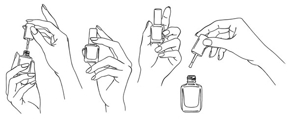 マニキュアを使う手のイラストセット（セルフネイル・美容）,ネイルポリッシュ,コスメ,おしゃれ,手,シンプル,ベクター