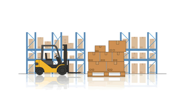 Illustration of a forklift loading boxes onto a pallet in a warehouse with blue shelving and a white background.