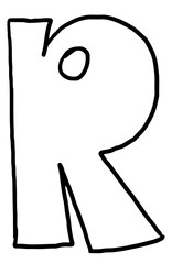 Hand drawn R alphabet letter outline for colouring book, tattoo, font, typography, text, message, campaign badge, initials, name design, print, calligraphy, sticker, poster, cute patch, brooch, art