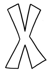 Hand drawn X alphabet letter outline for colouring book, tattoo, font, typography, text, message, campaign badge, initials, name design, print, calligraphy, sticker, poster, cute patch, brooch, art