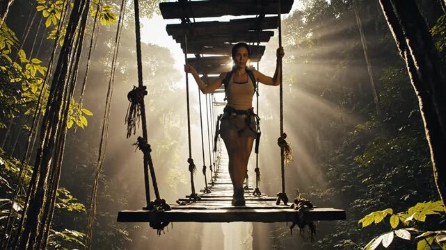 A woman traverses a rickety rope bridge amidst a lush, sun-dappled jungle setting