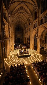 A classical music concert by candlelight in a grand cathedral. Musicians performing for an audience surrounded by hundreds of glowing candles. Atmospheric live music event in a historic church