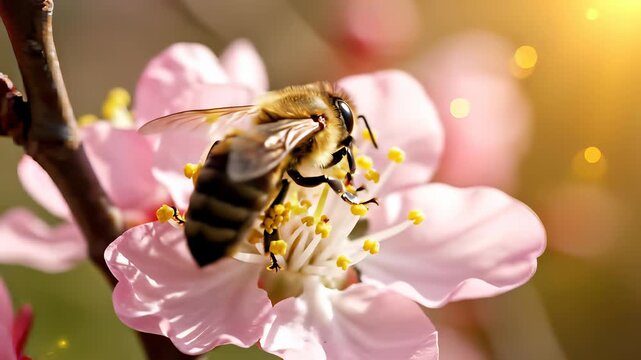 Busy bees collecting yellow pollen on pink flowers in a close up 4K UHD shot, capturing the industrious concept of hard work and dedication to achieve success, perfect for advertising, marketing.