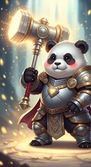 Adorable armored panda warrior character holds a glowing magical warhammer