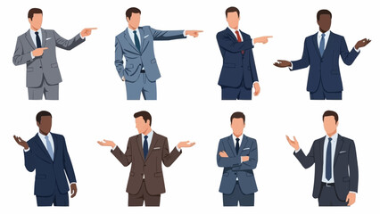 Diverse group of businessmen in suits pointing and gesturing in various poses.
