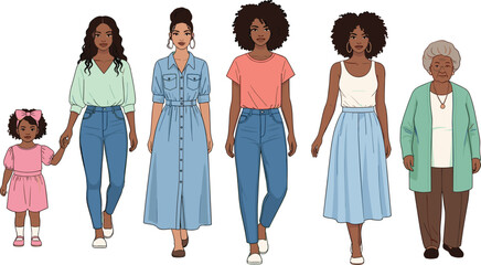 Fototapeta premium African American family generations illustration, diverse ages standing together, mother daughter grandmother portrait, multigenerational women, diversity, unity, lifestyle scene