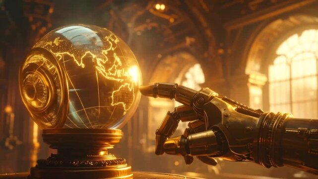 Golden Robotic Hand Interacts with Ornate Globe in Steampunk Setting.