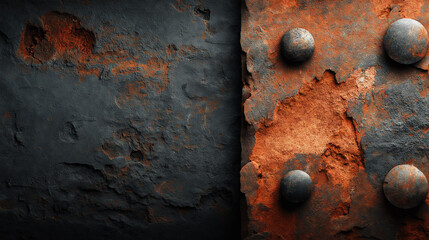 Close-up of Riveted Rusted Metal Plates, Vintage Industrial Weathered Texture Background for Steampunk Design