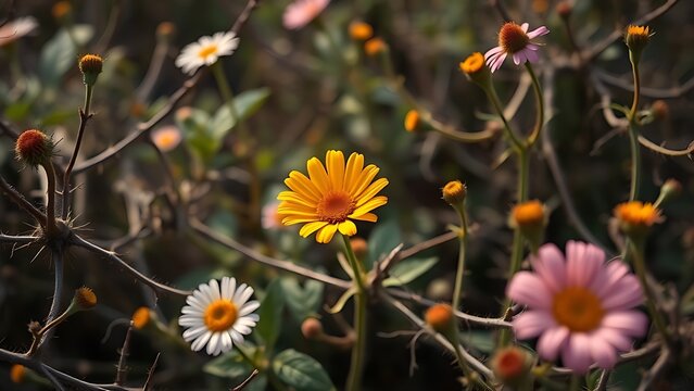 imprecise. A lone vibrant flower blooms among thorny bushes in a serene morning garden. gardening catalogs, home-decor guides, designed for gardening and botanical catalogs.