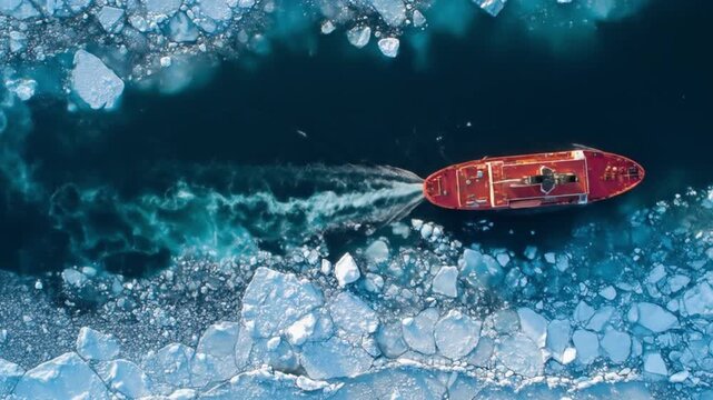 A red boat glides among cold blue ice floes, captured from above over a fractured sea. Above icecap