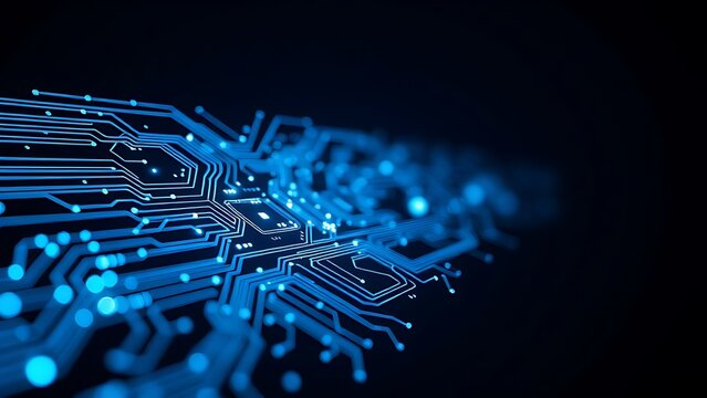 cynic. Glowing blue and white circuit patterns on a dark background, abstract tech concept. symbolizing technological progress and responsible innovation.