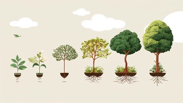 Lineup of growth stages seedling to full tree, in pots, roots visible, canopy expanding across all