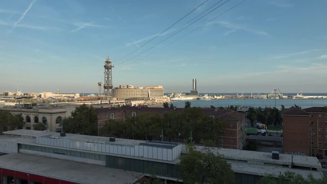 sunny evening barcelona city famous bay funicular line aerial panorama 4k spain 