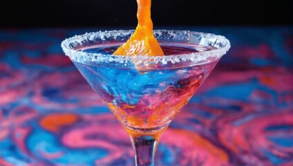 Colorful Martini Glass Filled with Vibrant Blue, Orange, and Pink Cocktail on Dark Swirled Background.