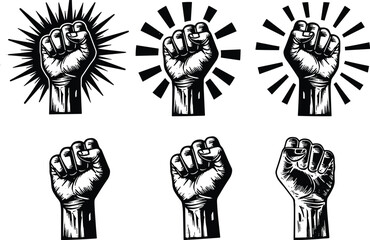 Raised fist icon set, black and white protest symbol, unity and resistance illustration, clenched hand graphic, empowerment vector design