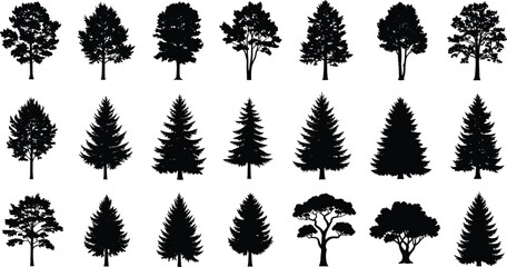 Fototapeta premium Tree silhouettes collection featuring various forest and nature shapes for landscape design, ecology themes, and vector backgrounds.