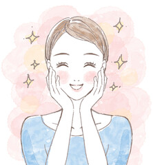 A woman with her bangs tied up and smiling with her hand on her cheek