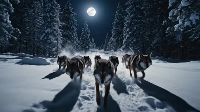 Wolf pack hunts in moonlit snow covered forest path