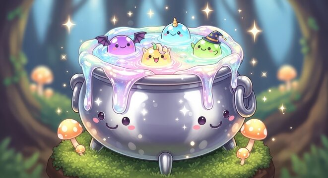 Adorable, smiling cauldron overflows with magical, colorful slime creatures in a mystical forest setting