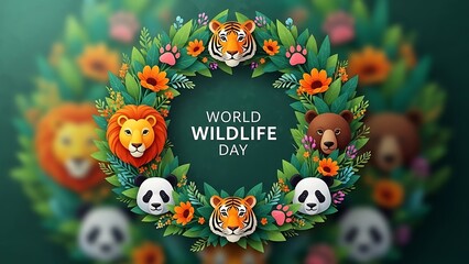 World wildlife day world wildlife day illustration featuring lion tiger bear and panda in a floral wreath design