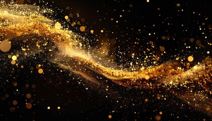Golden, glittering particles flow on dark background