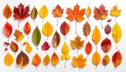 Assorted autumn leaves, vibrant colors on white background