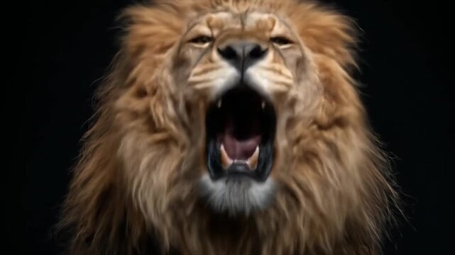 Regal lion close-up with a fiery mane, amber eyes, whiskered muzzle, dark backdrop. commanding gaze