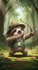 Naklejka premium Adorable furry creature wearing outdoor gear aims a primitive bow and arrow in a sunlit woodland