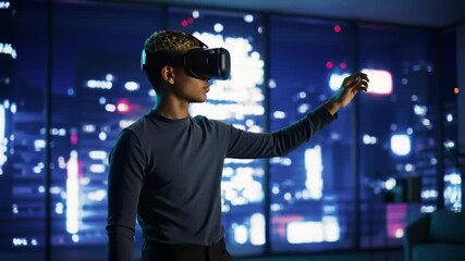 Young man wearing virtual reality headset gesturing at a digital interface against a blurred neon night city skyline, depicting future metaverse technology concepts in a cinematic 3D style - Powered by Adobe