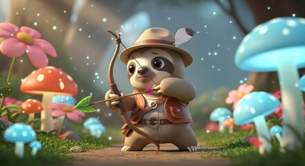 Naklejka premium Adorable cartoon sloth character wearing a hat and holding a drawn bow with an arrow in a fantastical forest setting