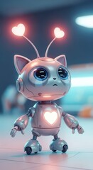 Adorable feline-shaped robot displays glowing heart motifs and expressive eyes