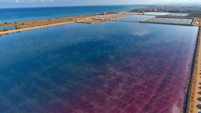 Aerial view of salt mounds in the Trapani salt pans, Sicily, Italy. The waters of the salt evaporation ponds have a characteristic red color. In foreg