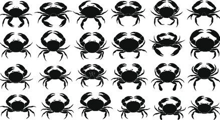 Fototapeta premium Crab silhouette illustration set displaying multiple marine crustacean poses, ocean wildlife icons, seafood animal shapes for coastal designs, nature themes, biological studies, and aquatic-themed 